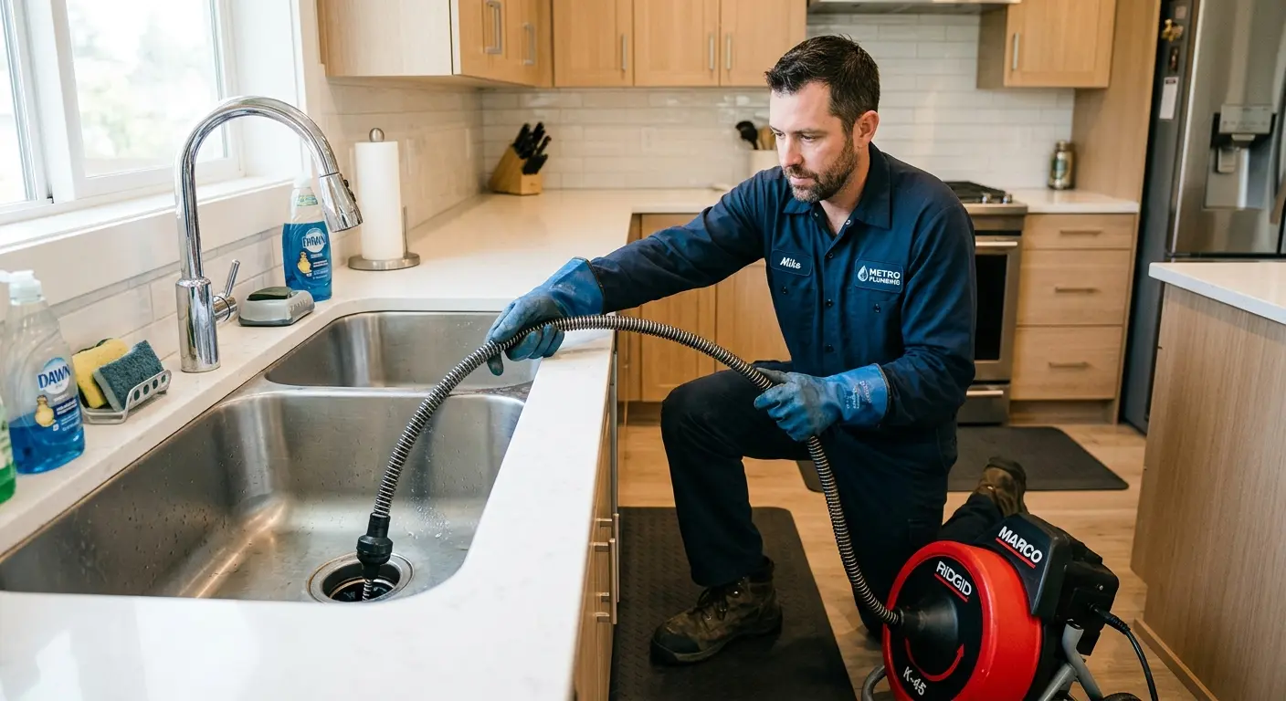 Drain cleaning technician using a motorized snake on a kitchen sink in Kyle