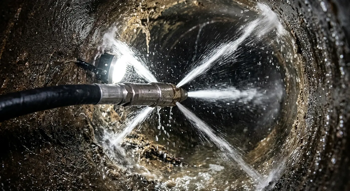 High-pressure hydro jetting nozzle cleaning sewer pipe for Trenchless Sewer Repair in Kyle