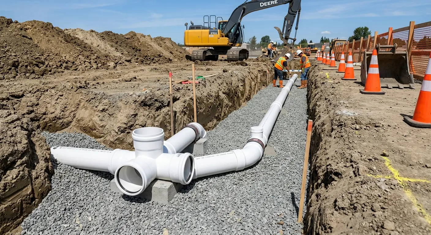 New PVC sewer pipe installation in open trench for Commercial Drain Cleaning in Kyle