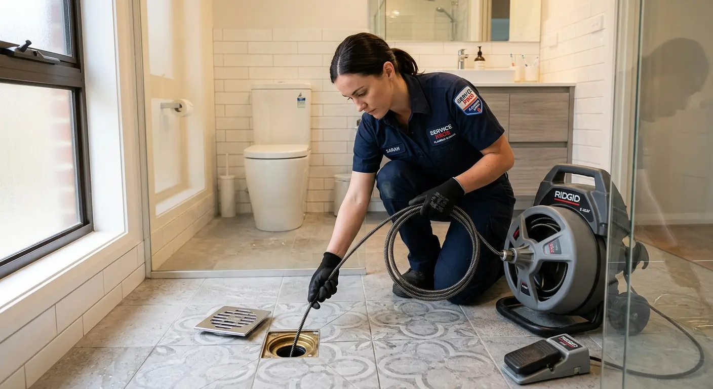 Technician clearing a bathroom floor drain for Clogged Drain Repair in Kyle
